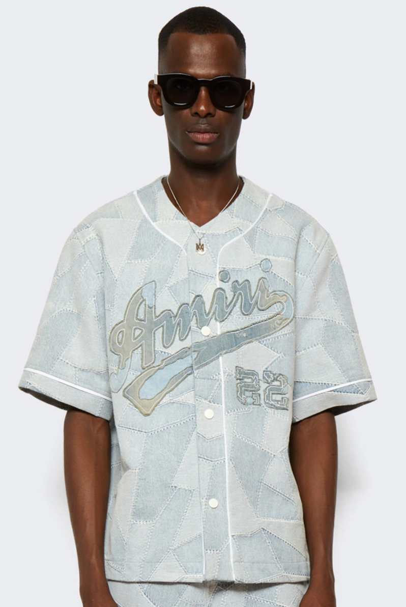 Amiri Patchwork Baseball Shirt Stone