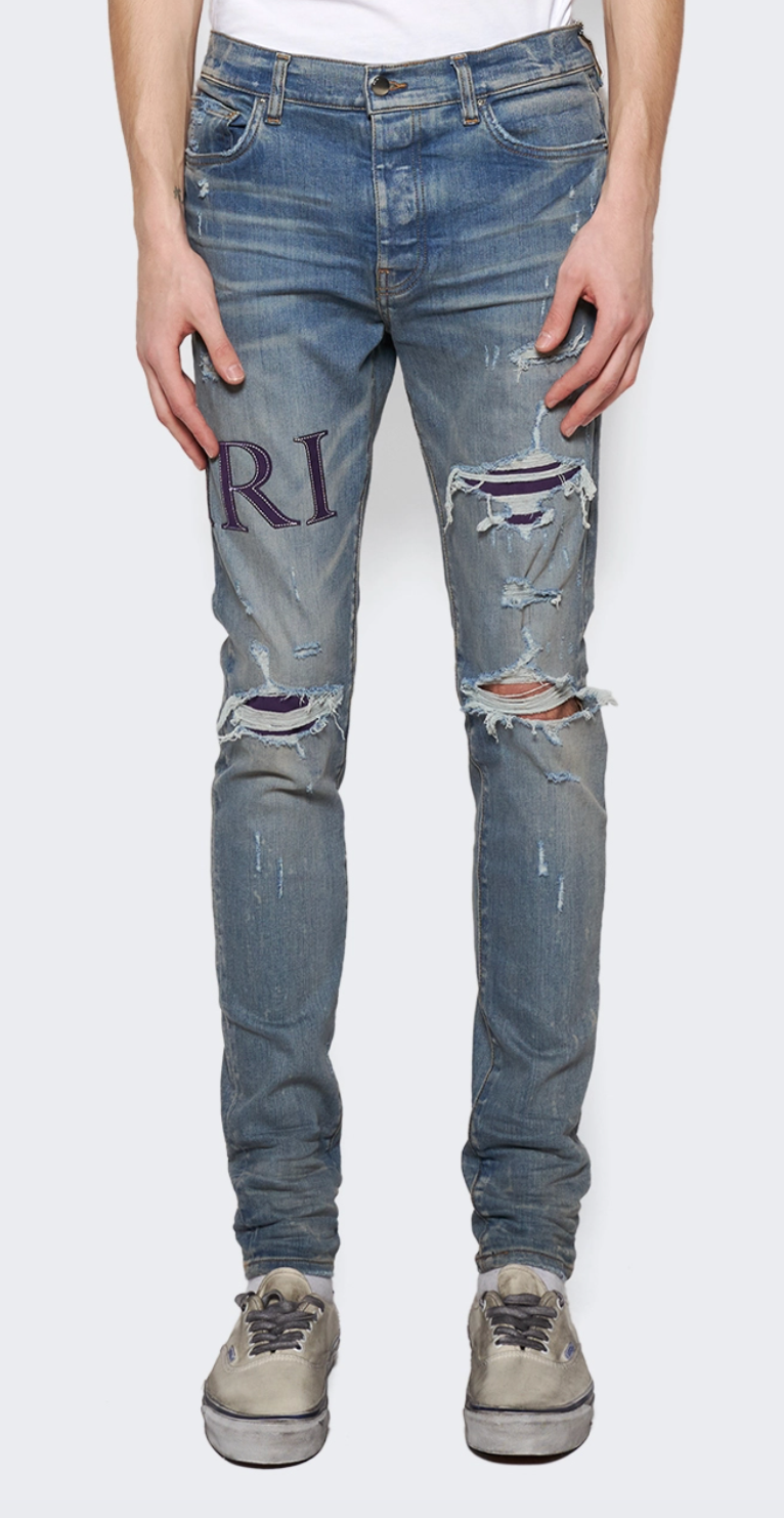 Jean Homme Amiri Logo Cuir - Taille 31, Bleu Indigo, Patch Cuir - Neuf Avec étiquettes Authentique