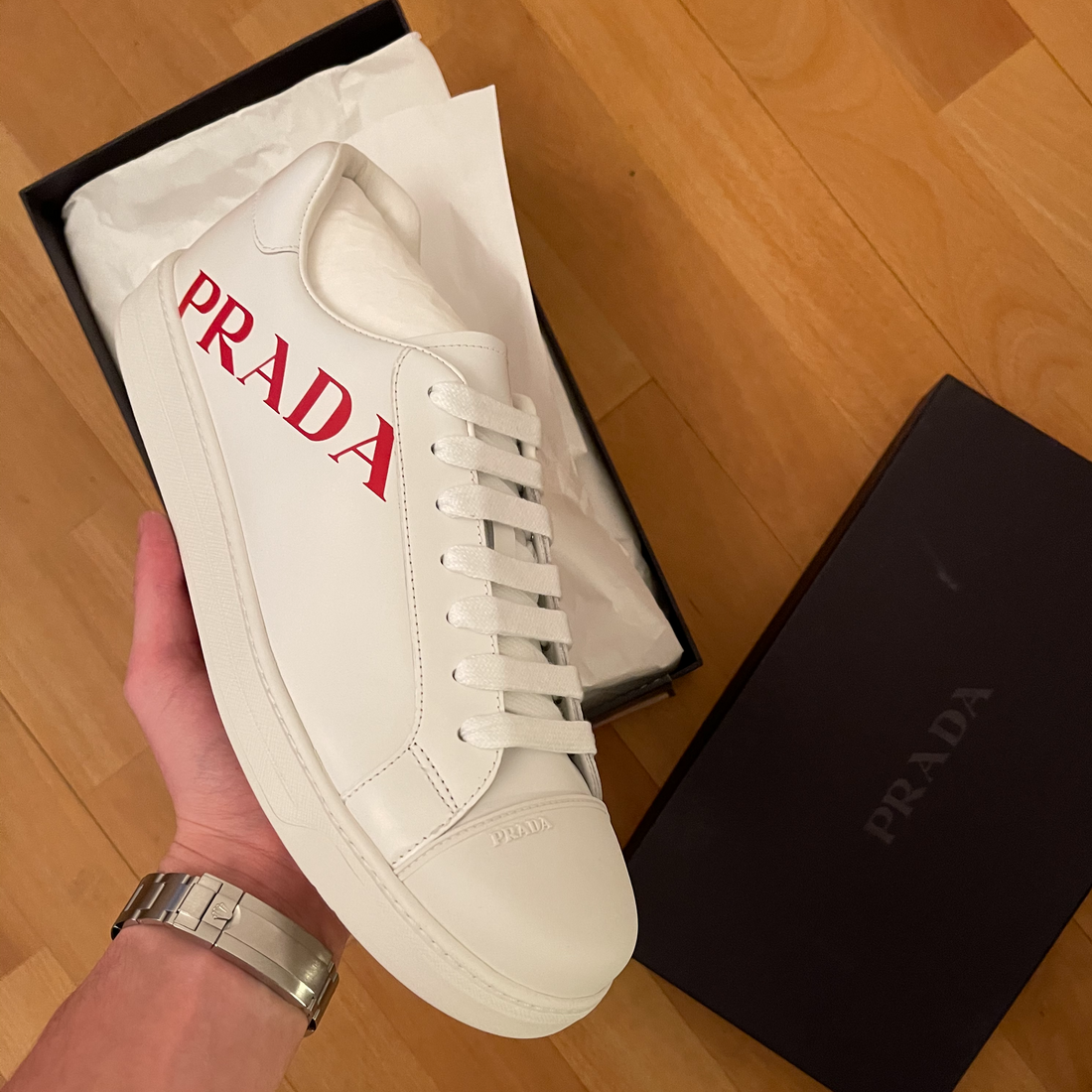 Prada White Printed Leather Sneaker